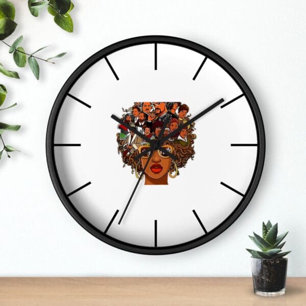 Black woman clock with afro of faces.