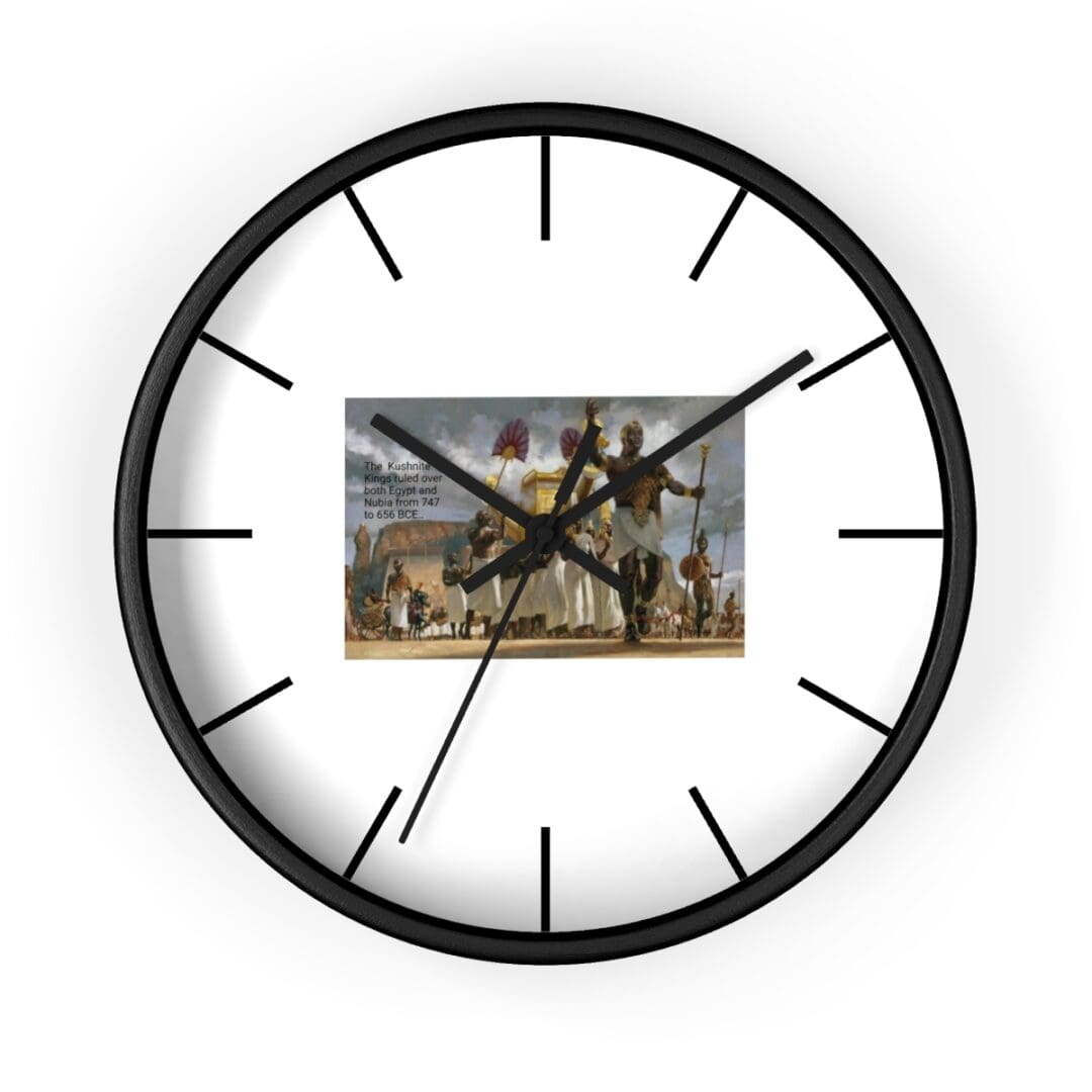 Black clock face with painting of procession.