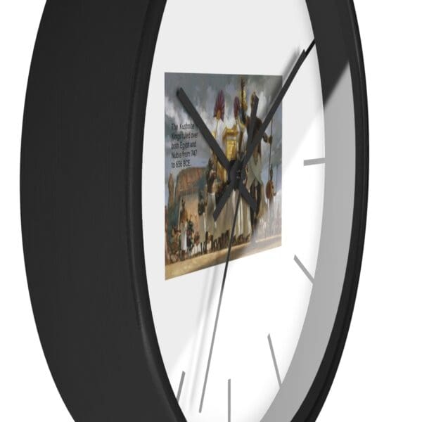 Black clock face with a historical image.