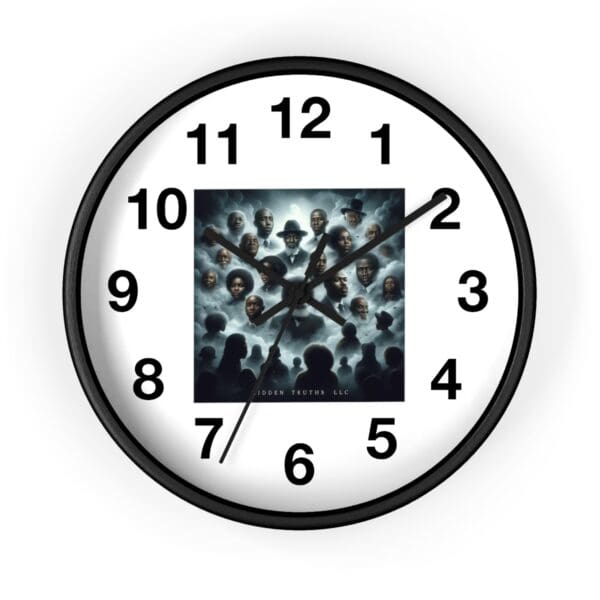 Black clock with album art and numbers.