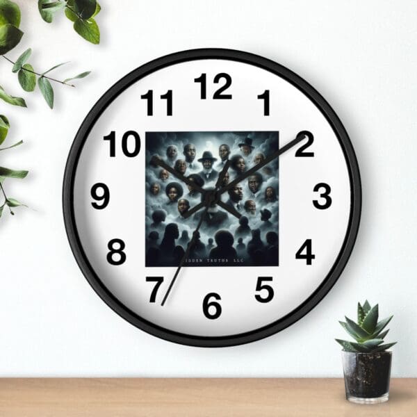 Black clock with album art and numbers.