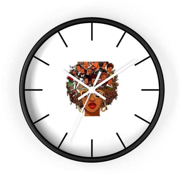 Black woman with afro of historical figures on clock face.