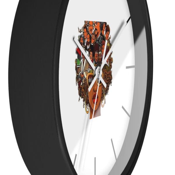 Black clock with woman's face and faces.