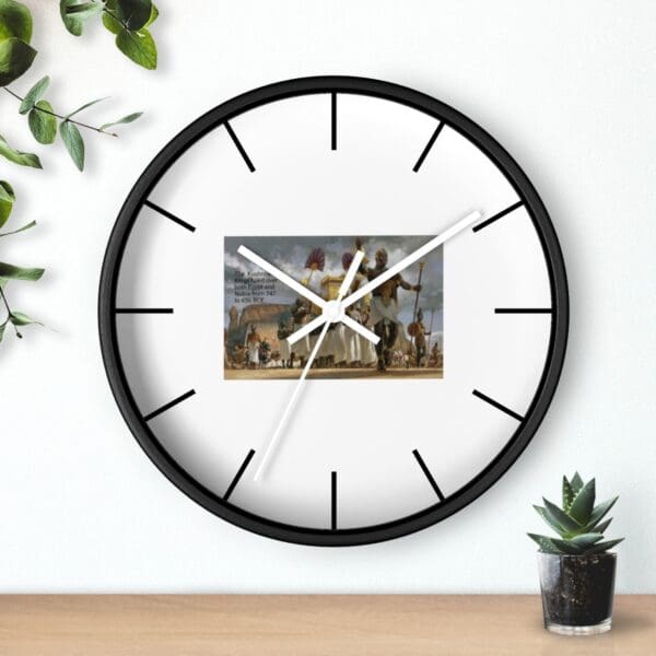 Black and white clock with a historical image.