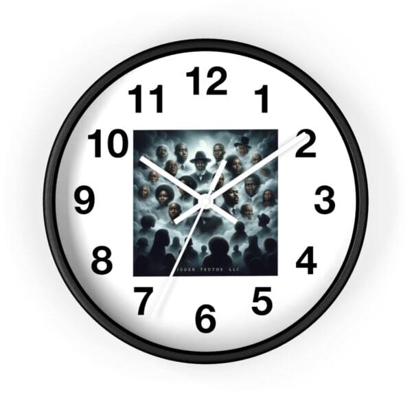 Black clock with album cover art.