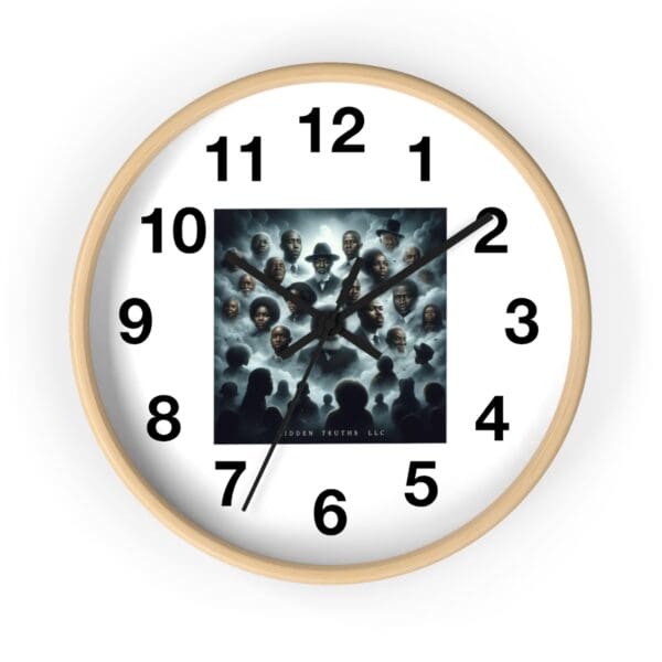 Clock face with album art of black people.