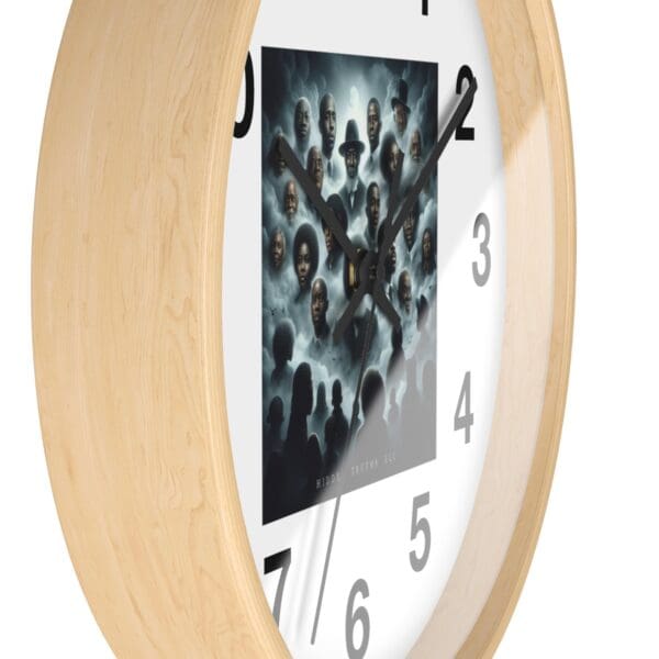 Wooden clock with a Hidden Truths album cover.