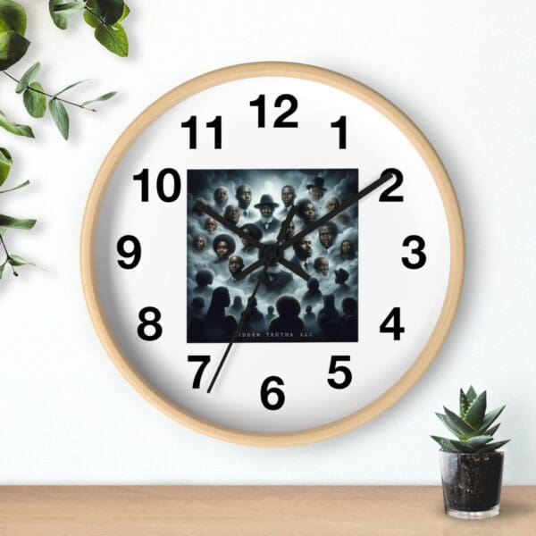 Clock with an album cover of faces.