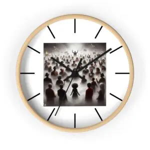 A clock with a crowd of people protesting.