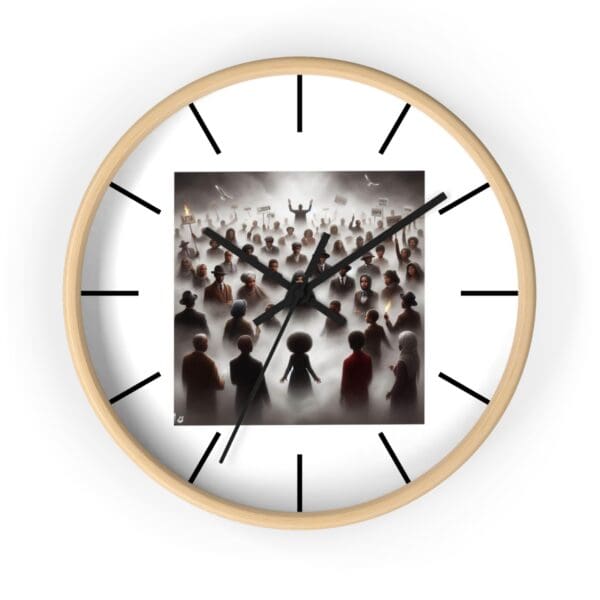 A clock with a crowd of people protesting.