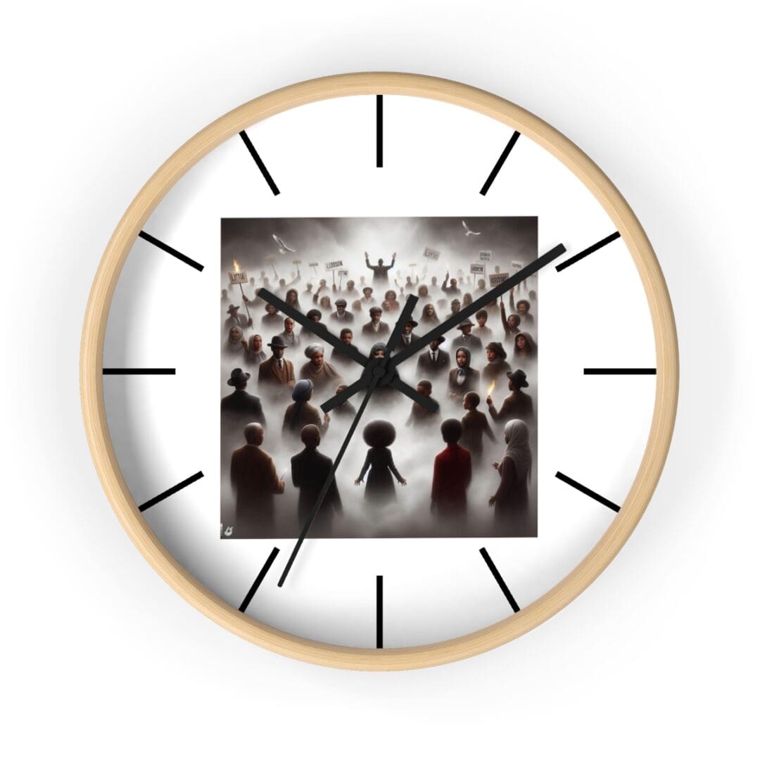 A clock with a crowd of people protesting.