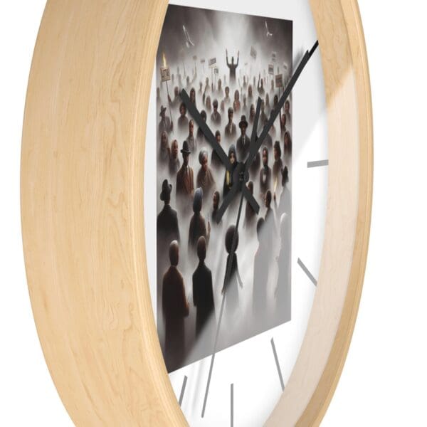 Wooden clock with a crowd of people image.