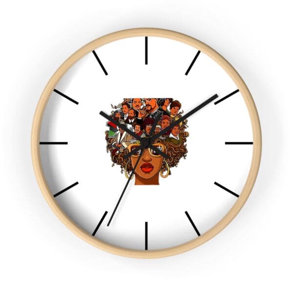 Black woman with faces in her hair on a clock.