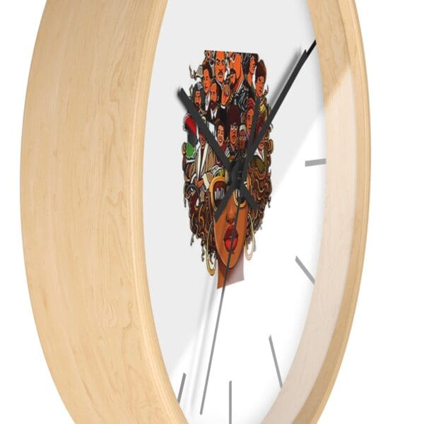 Black woman face clock with wood frame.