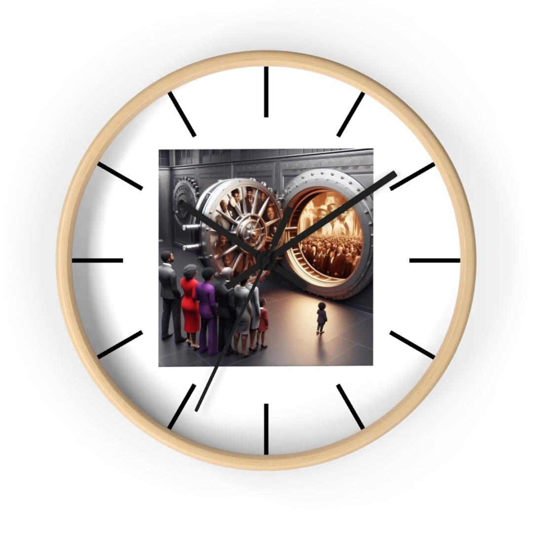 Clock with people looking into vault.