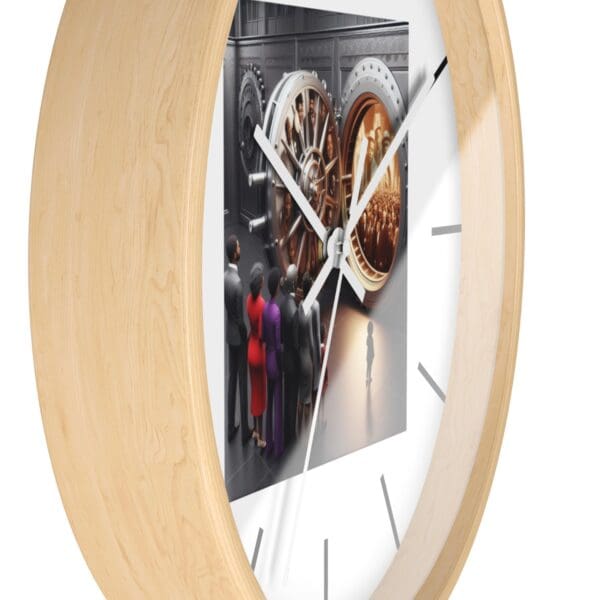 Wooden clock with vault door image.