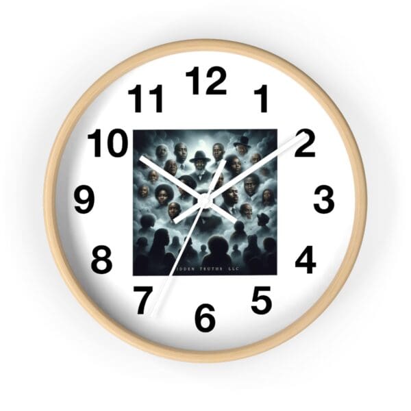 White clock with black numbers and image.