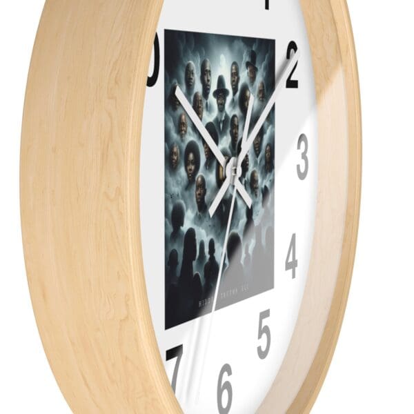 Wooden clock with a black and white art image.