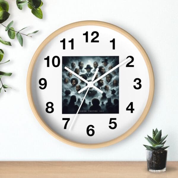 Wall clock with faces in center.