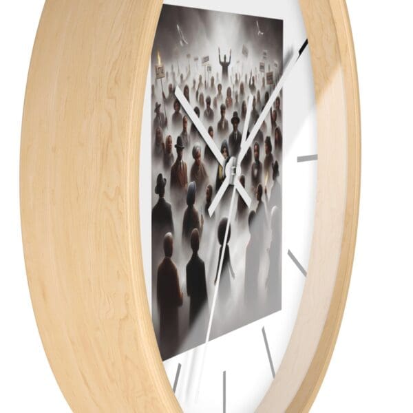 Wood clock with crowd illustration.