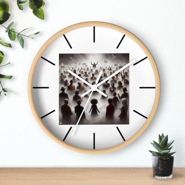 Clock with a painting of people protesting.