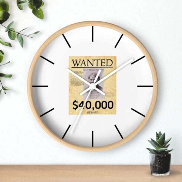 White clock with a wanted poster face.