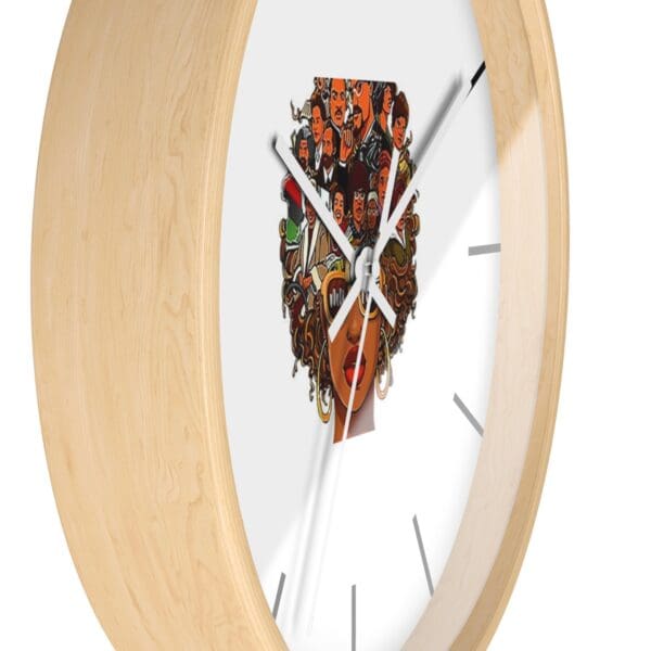 Wooden clock with a woman's face.