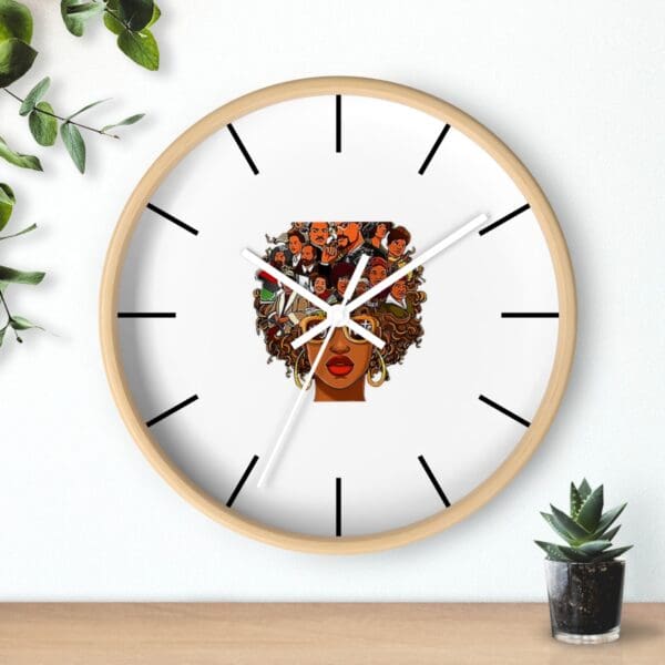 Black woman with glasses, clock face with many faces.