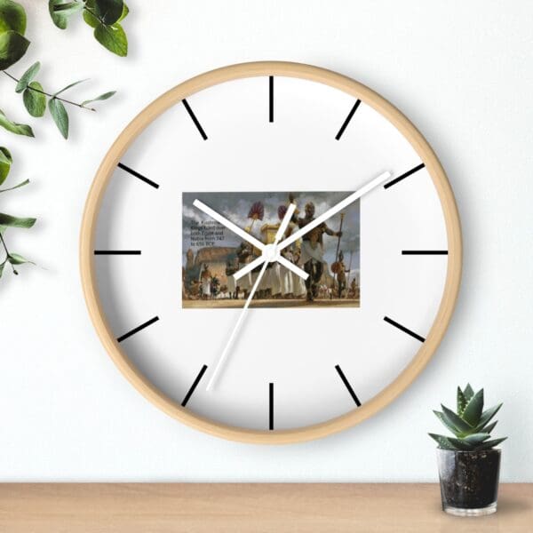 A wooden clock with a picture of an ancient procession.