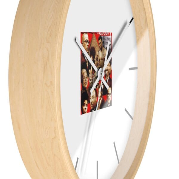 Wooden clock with Black History Month collage.