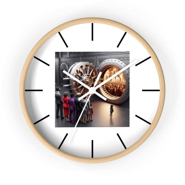 Clock with people looking into vault door.