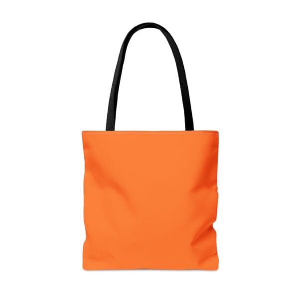 Orange tote bag with black handles.