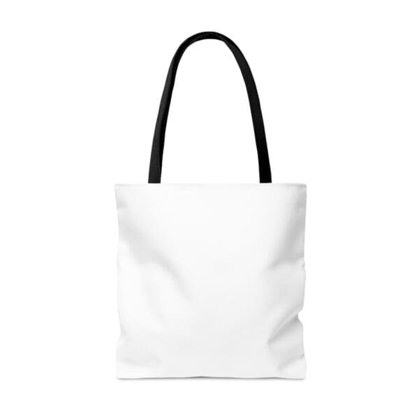 Blank white tote bag with black handles.