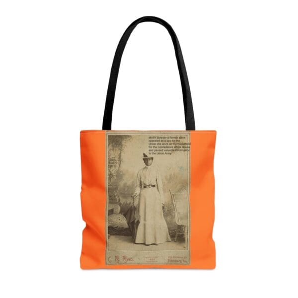 Orange tote bag with a photo of Mary Bowser.