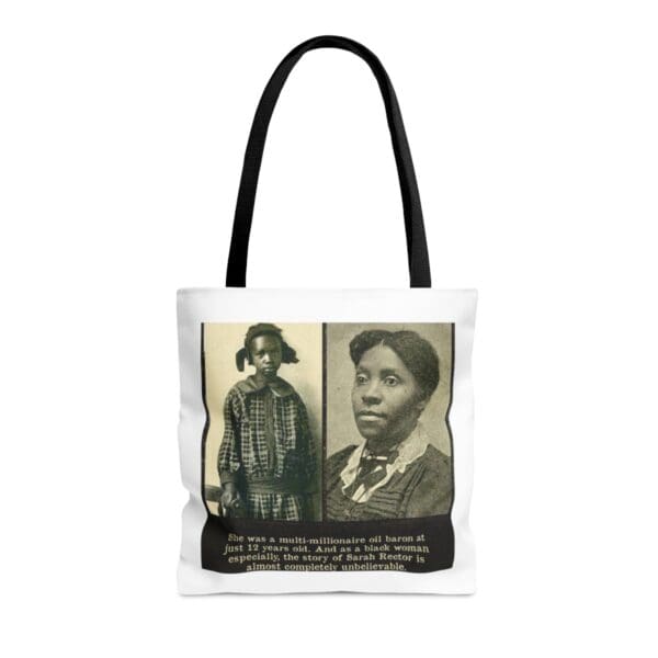 Black and white tote bag with two photos.