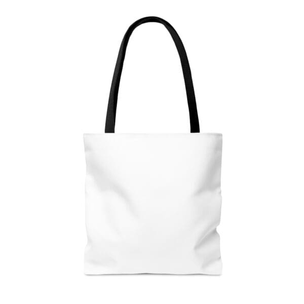 White tote bag with black handles.