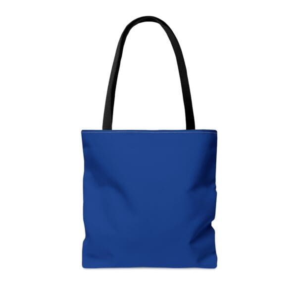 Blue tote bag with black handles.