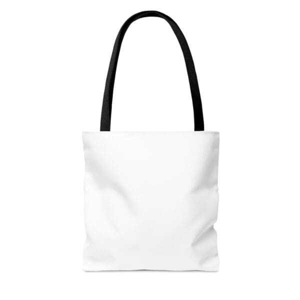 White canvas tote bag with black handles.