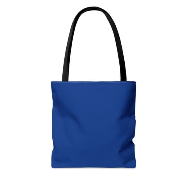 Blue tote bag with black handles.