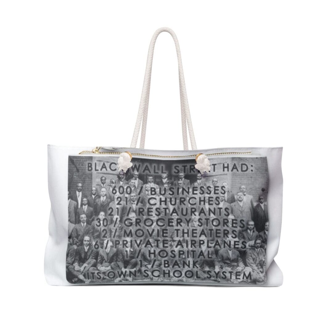 Black Wall Street tote bag with photo and list.