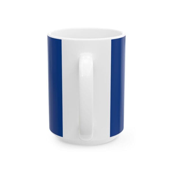 White mug with blue vertical stripes.