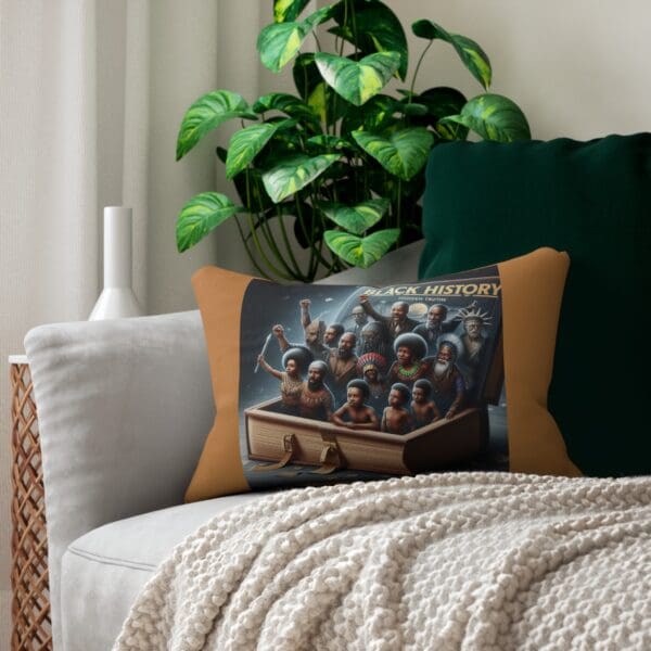 Black History pillow with open book design.