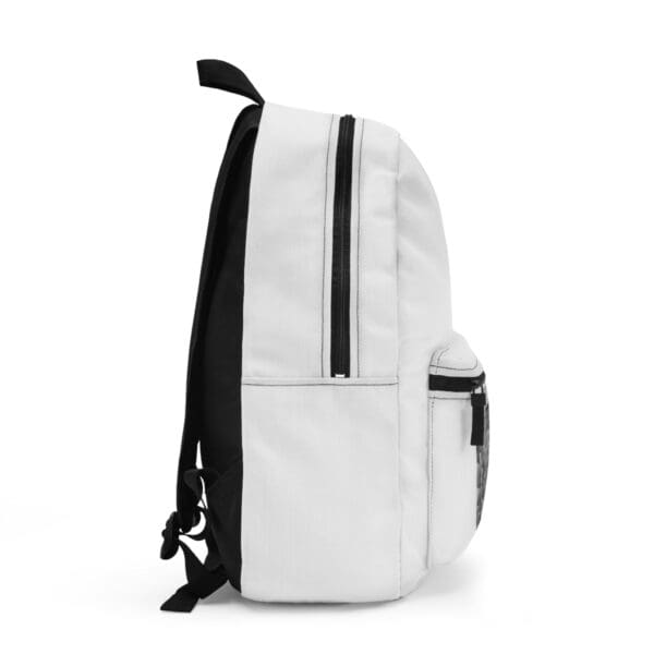 White canvas backpack with black accents.