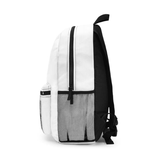 White backpack with black straps and zipper.