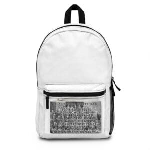 White backpack with Black Wall Street facts.