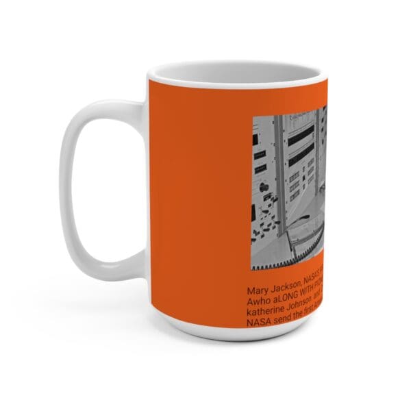 Orange mug with black and white image of a control panel.