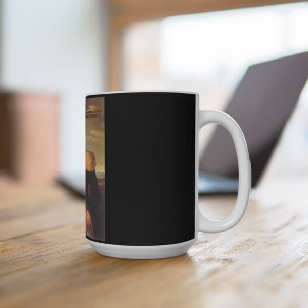 Black and white mug with a picture.