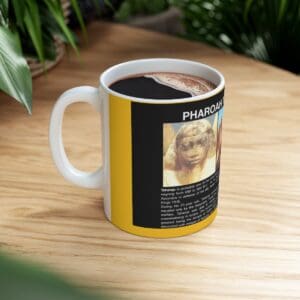 White mug with a Pharaoh Taharqa image.