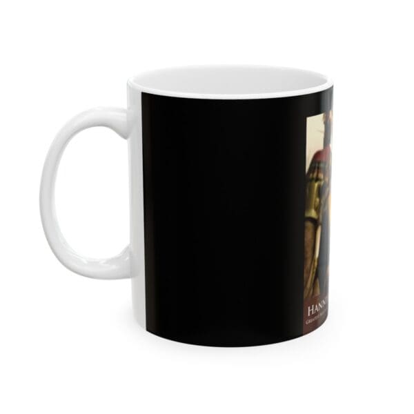 Black mug with a picture of a man.