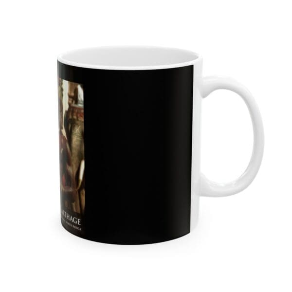 White mug with black image of Carthage